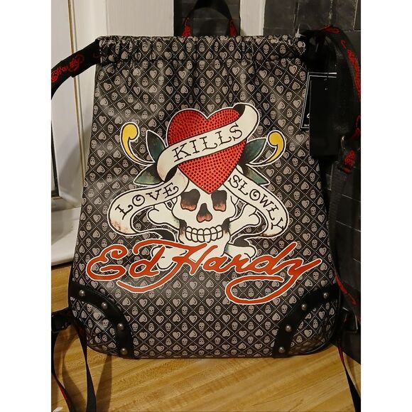 Ed Hardy Black Backpack with Red, White and Yellow Skull Heart Graphic